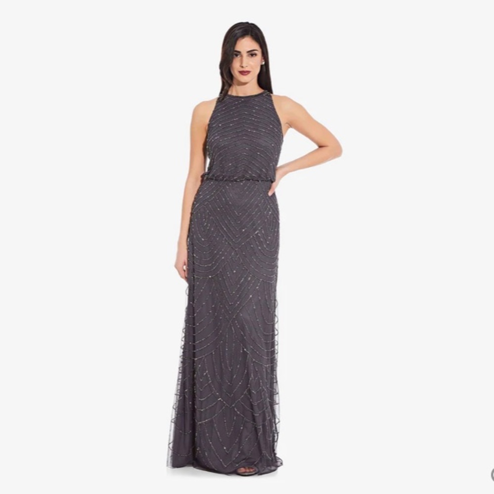 Adrianna Papell Charcoal Beaded Halter Maxi Dress